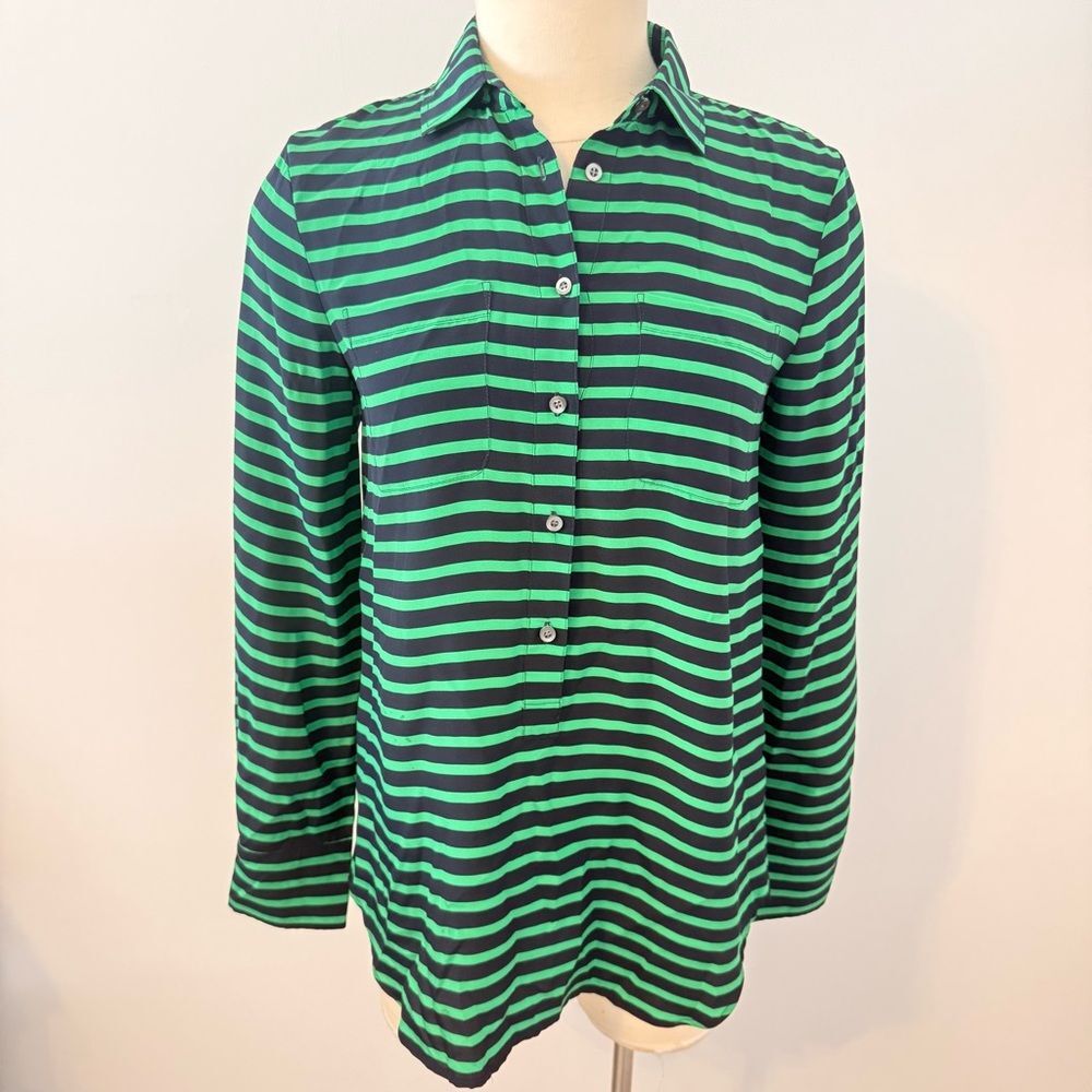 J. Crew Silk Polly Popover in Stripe Crepe de Chine Kelly Green & Blue Size 2 - Picture 2 of 10